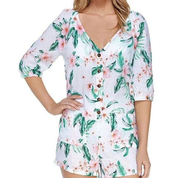Raisins Juniors' Aloha Nights Key West Romper Cover-Up White Large NWT - Picture 1 of 5